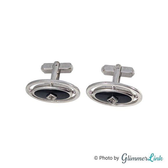 Anson Silver Tone Black Oval Cufflinks & Tie Bar Set with Diamond Accent, 1970s - Picture 5 of 11